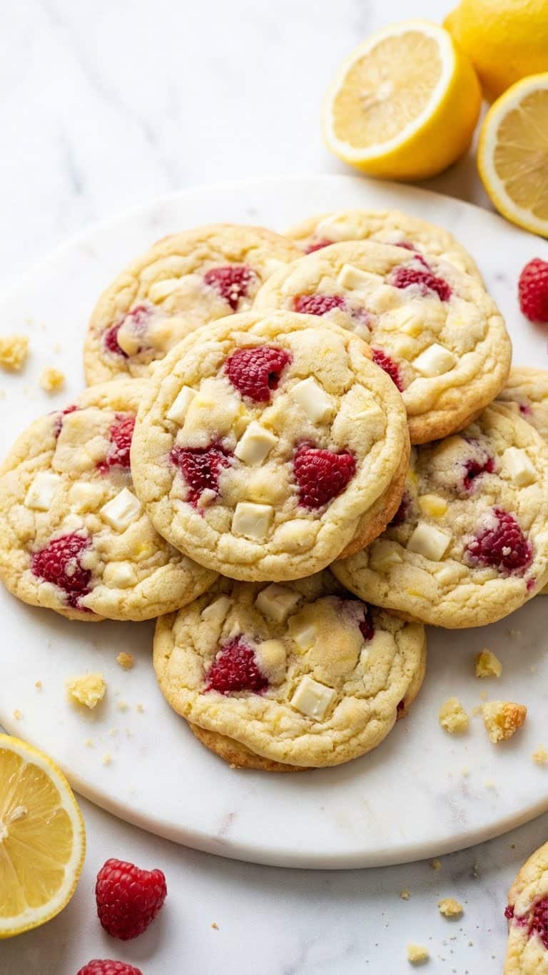 A stack of soft yellow lemon cookies with visible white chocolate chips and red raspberry pieces on a marble surface.
