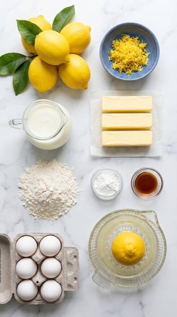 A flat lay showing fresh lemons, lemon zest, buttermilk, butter, cake flour, and eggs arranged on a marble countertop.