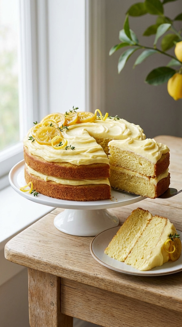 A whole two-layer lemon velvet cake with cream cheese frosting, decorated with lemon slices. A slice is removed showing the moist, fine yellow crumb inside.