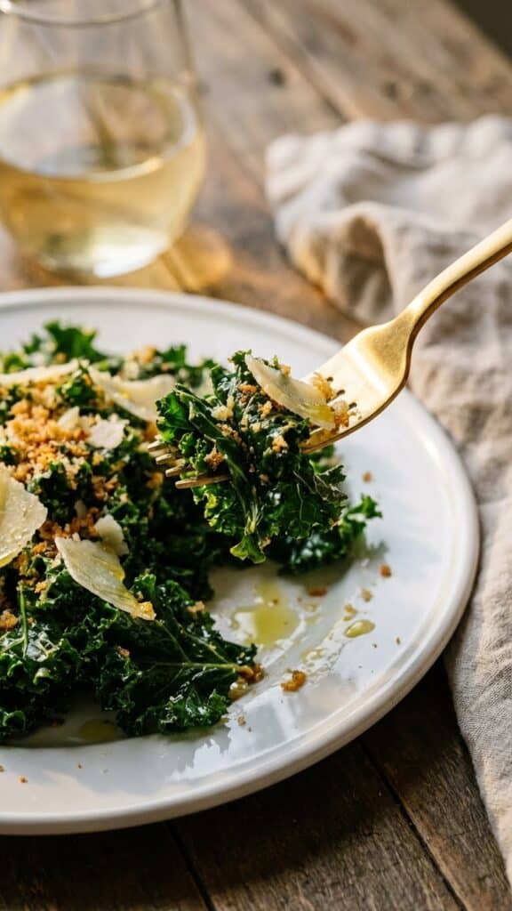 A close-up of a fork lifting a bite of kale salad with cheese and crumbs, showing the tender texture.