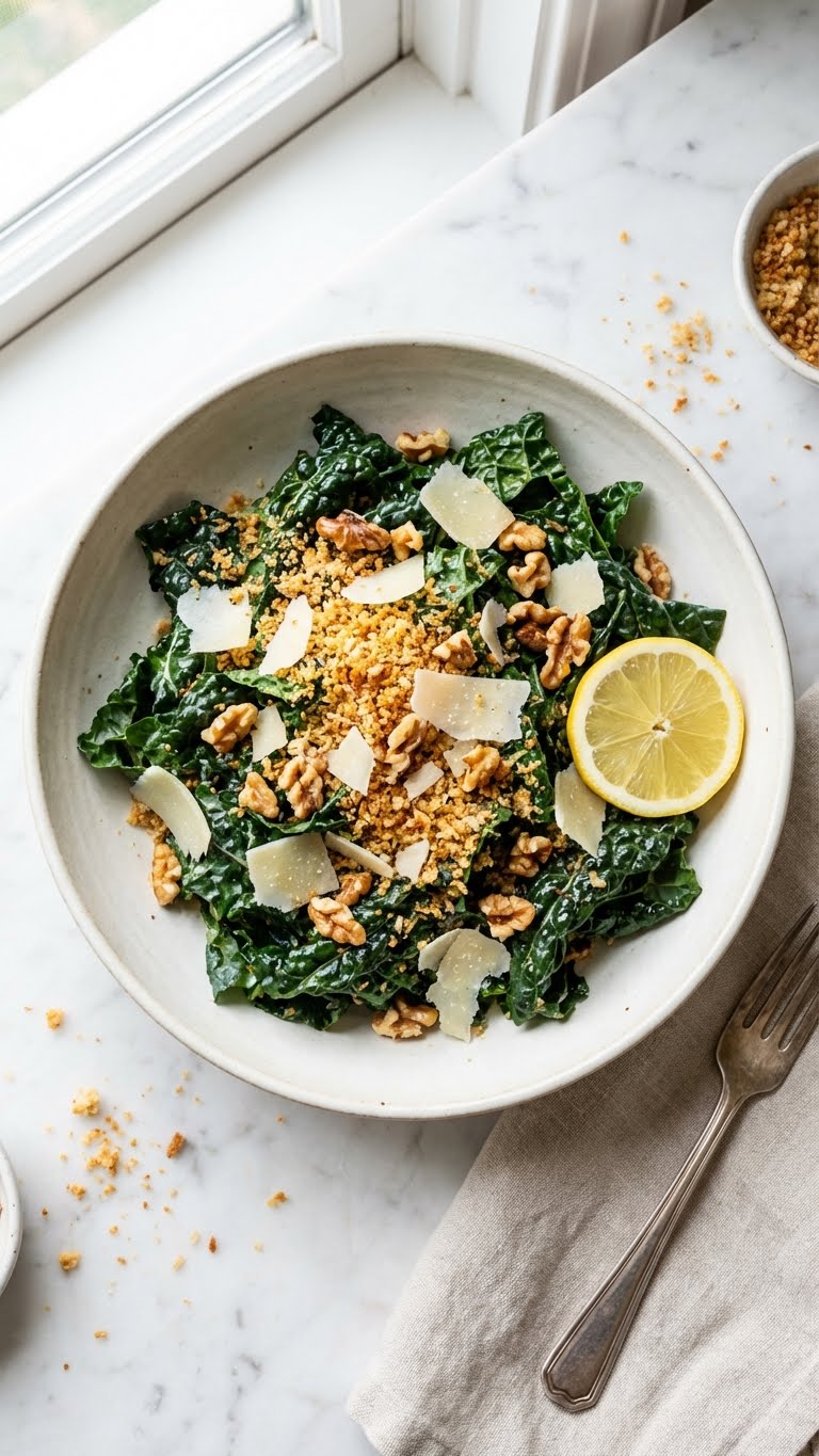 A wide bowl of dark green kale salad topped with shaved parmesan, toasted breadcrumbs, and walnuts on a marble table.