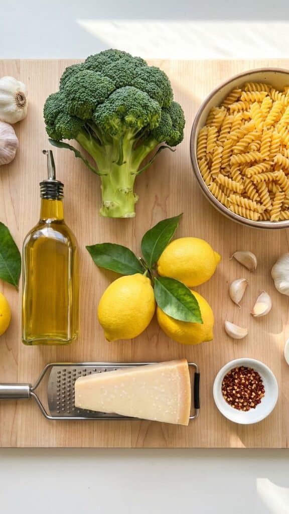 A flat lay showing fresh broccoli, dry pasta, lemon, garlic, olive oil, and parmesan cheese on a wooden board.