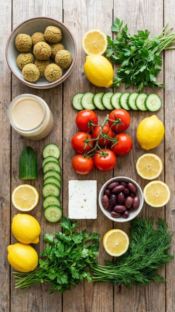 A flat lay showing fresh Mediterranean ingredients like tomatoes, cucumbers, feta, olives, and falafel.