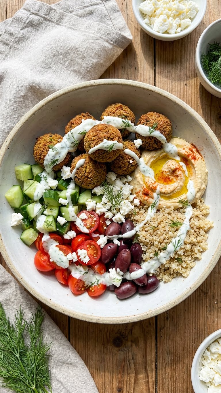 A top-down view of a healthy bowl featuring falafel, hummus, tomatoes, cucumbers, and feta cheese arranged colorfully.