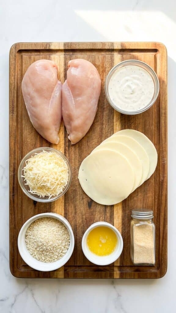 Overhead flat lay of ingredients: chicken breasts, ranch dressing, parmesan cheese, provolone slices, breadcrumbs, and butter.