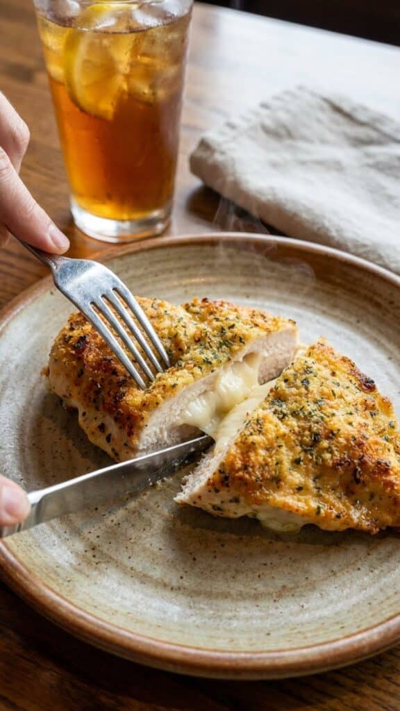 A close-up POV shot of a knife cutting into parmesan crusted chicken, revealing a creamy cheese layer under the crust.