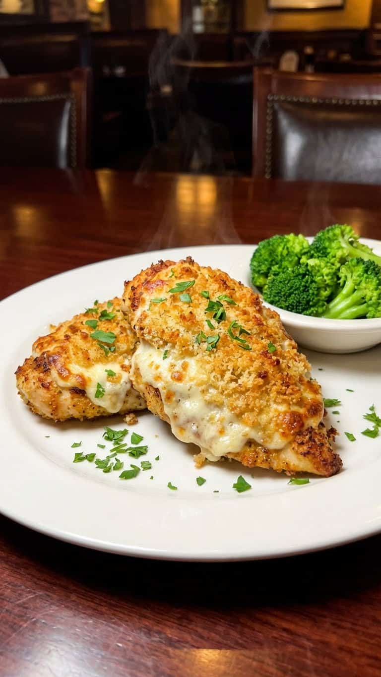 Two parmesan crusted chicken breasts with a golden brown bubbly topping served with broccoli on a white plate.