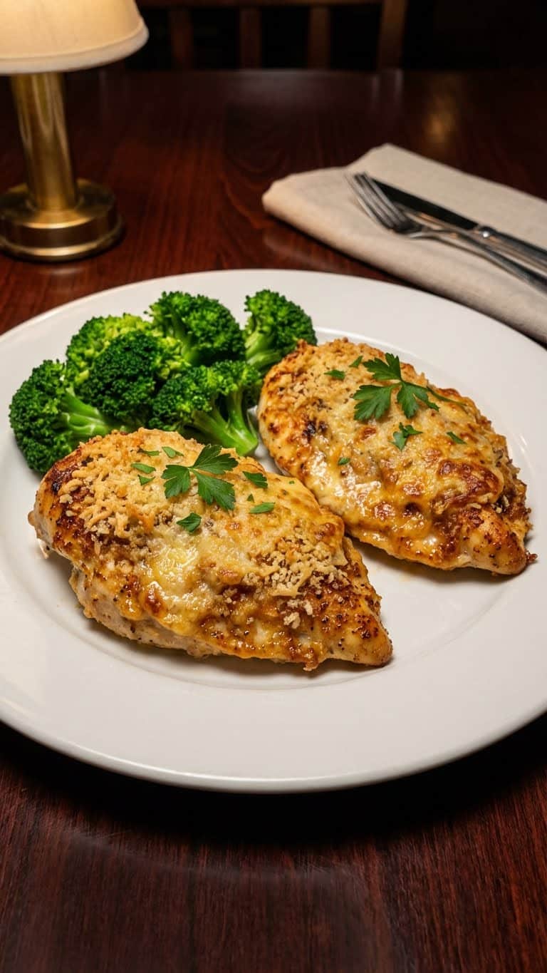 Two parmesan crusted chicken breasts with a golden brown bubbly topping served with broccoli on a white plate.