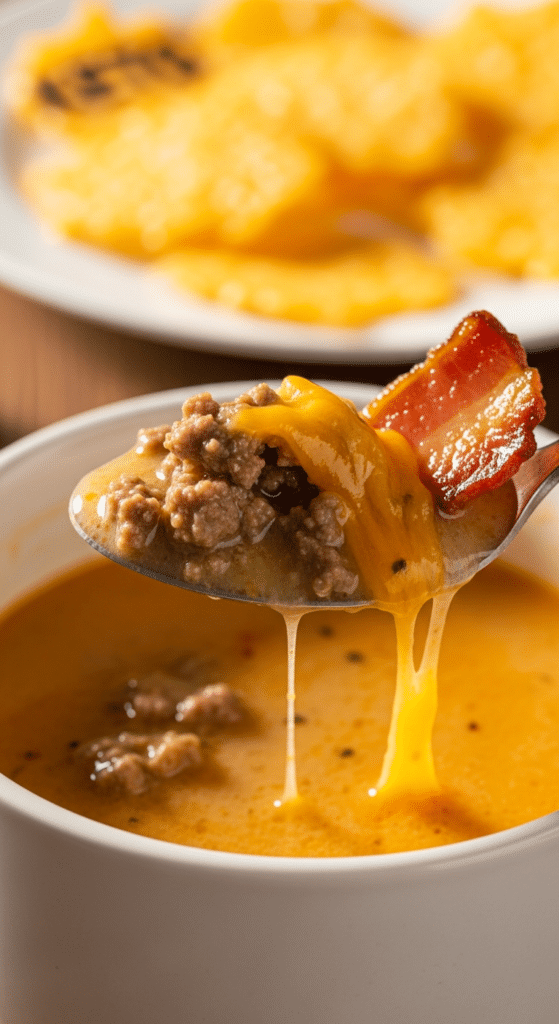 A close-up of a spoon lifting a bite of creamy beef and bacon soup from a bowl.