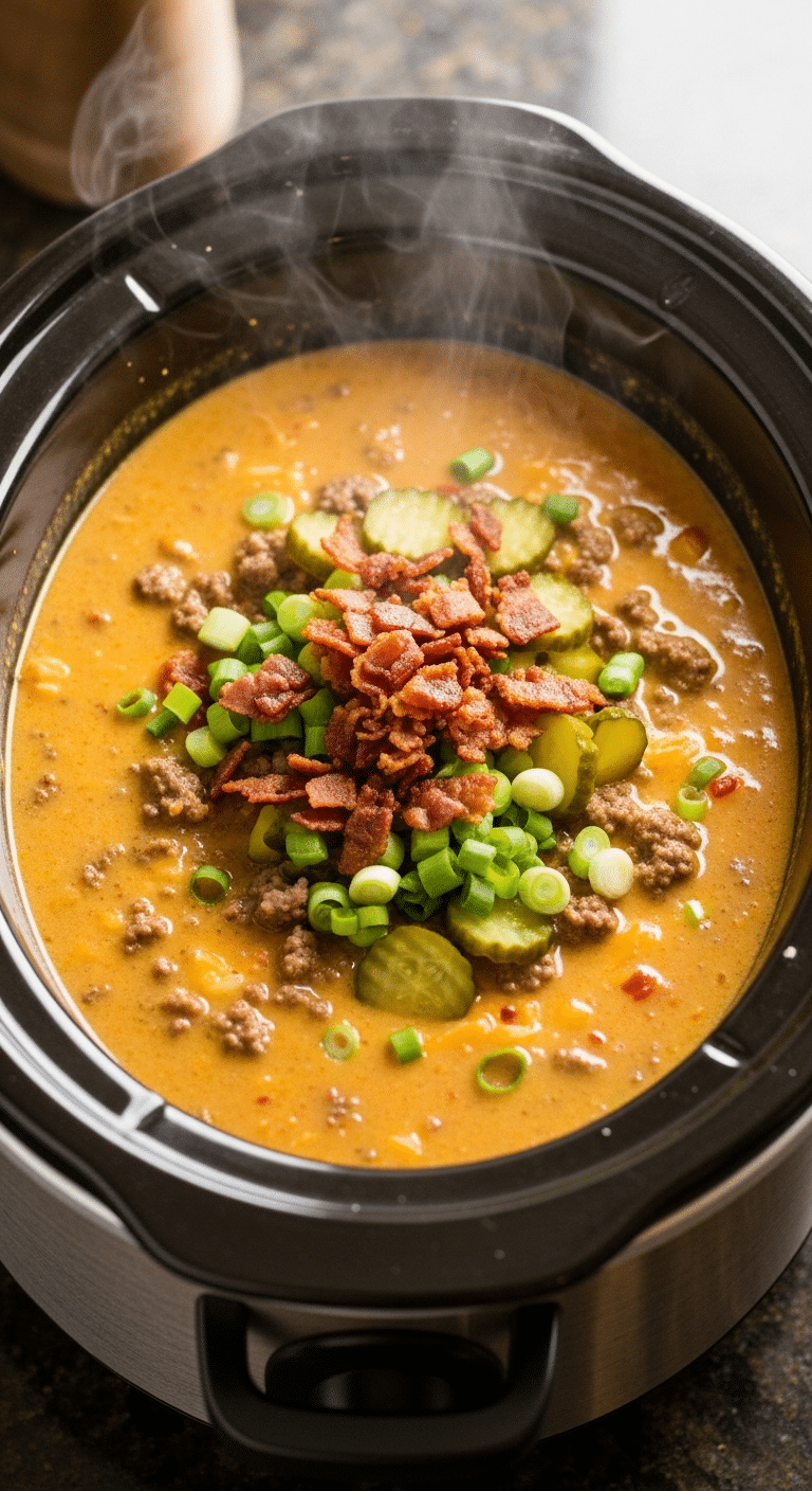 A top-down view inside a slow cooker filled with creamy cheeseburger soup topped with bacon, pickles, and green onions.