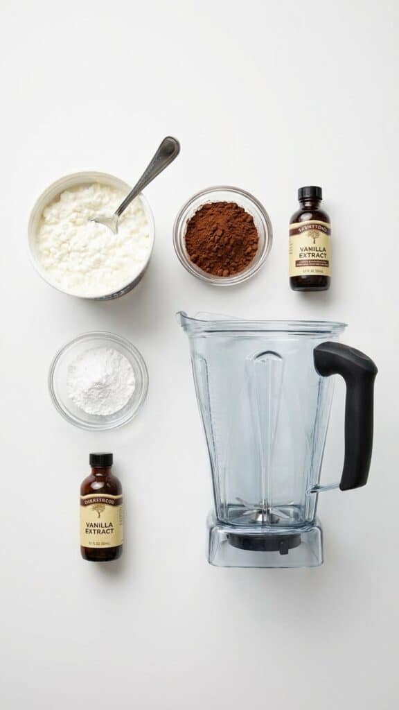 A flat lay showing a tub of cottage cheese, cocoa powder, sweetener, and vanilla extract next to a blender
