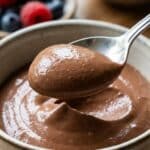 A close-up macro shot of a spoon holding a smooth, glossy dollop of chocolate mousse.
