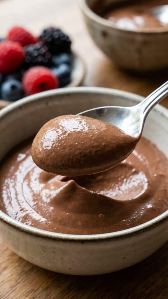 A close-up macro shot of a spoon holding a smooth, glossy dollop of chocolate mousse.