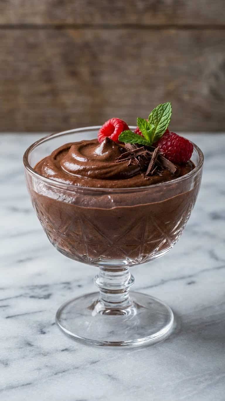 A glass cup filled with smooth, thick chocolate mousse topped with raspberries and chocolate shavings on a marble surface.