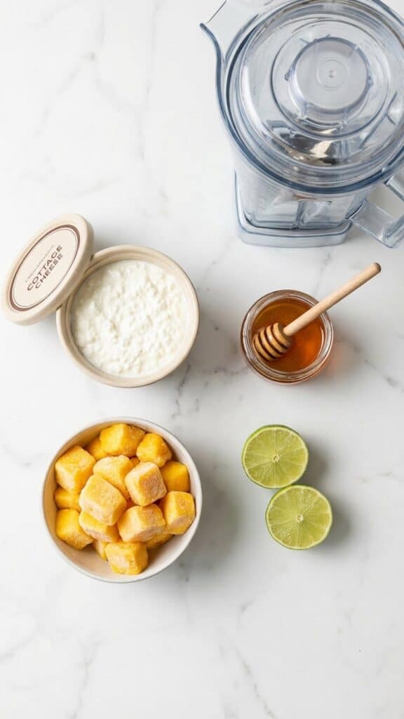 A flat lay showing cottage cheese, frozen mango chunks, honey, and lime on a marble board.