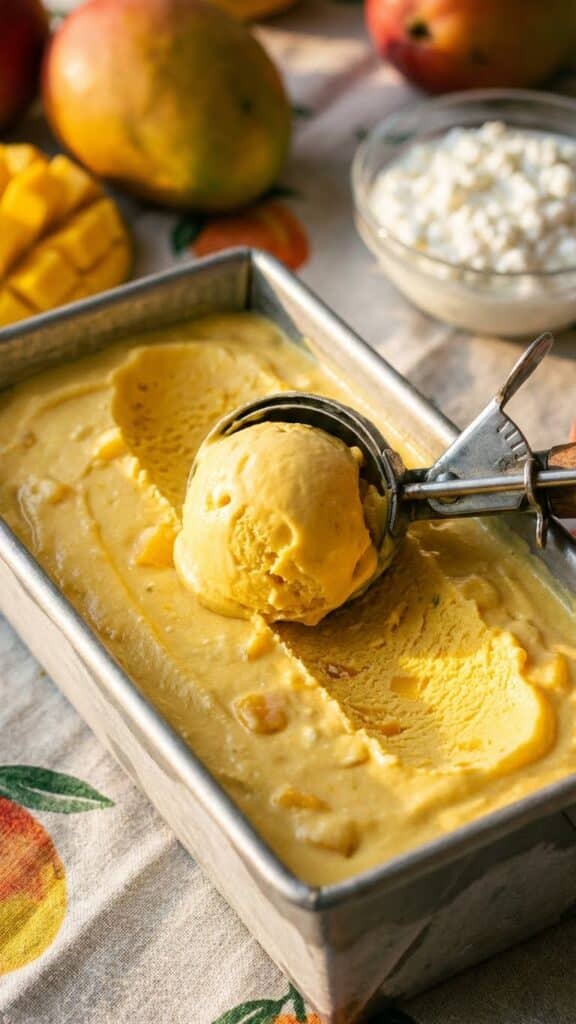 A close-up of an ice cream scoop curling a ball of mango cottage cheese ice cream from a pan.