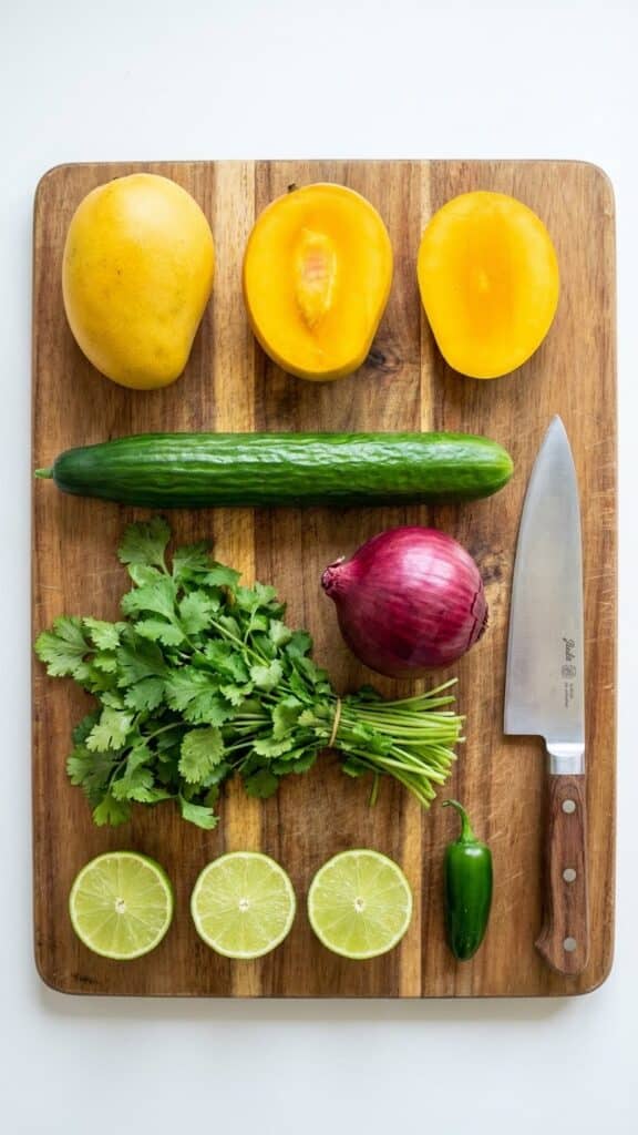 A flat lay showing whole mangoes, cucumbers, red onion, limes, and cilantro on a cutting board.
