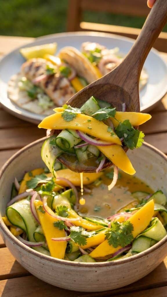 A close-up of a serving spoon lifting mango and cucumber slaw, with grilled food in the background.