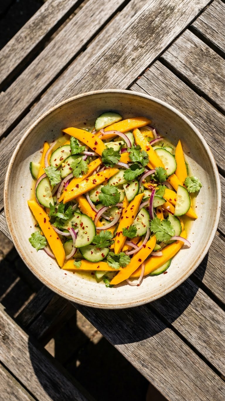 A top-down view of a colorful salad bowl containing sliced mango, cucumber, and red onion tossed in lime dressing.