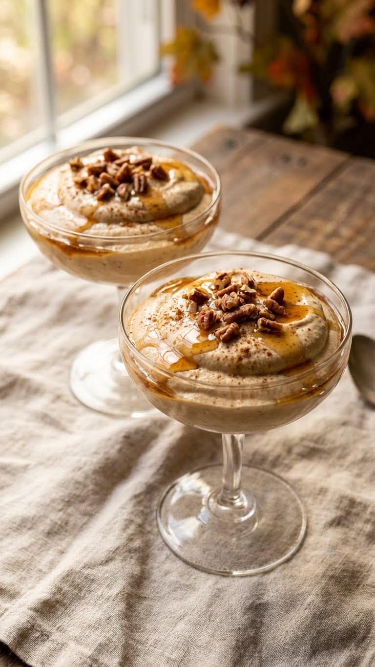 Elegant glass cups filled with smooth cottage cheese mousse topped with pecans and maple syrup drizzle.