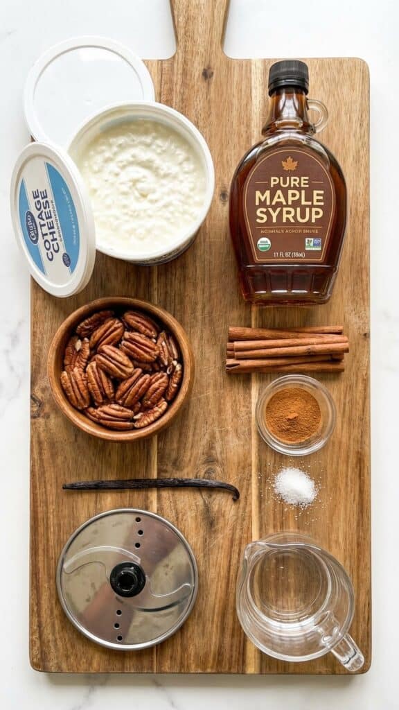 A flat lay showing a tub of cottage cheese, maple syrup bottle, pecans, and cinnamon.