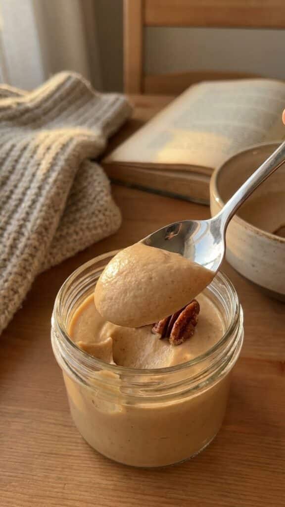 A close-up of a spoon holding smooth maple mousse with a pecan, showing the creamy texture.