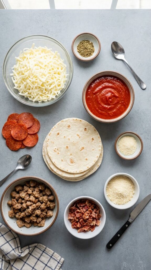 A close-up POV shot of hands pulling apart a pizza taco, revealing a long stretch of melted mozzarella cheese, pepperoni, and sausage.