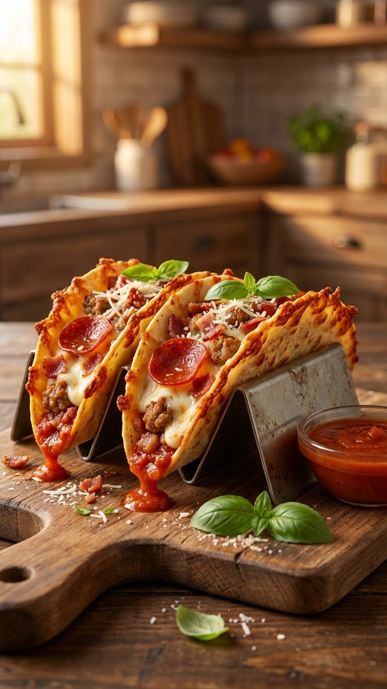 Overhead flat lay view of ingredients: tortillas, pizza sauce, shredded mozzarella, pepperoni, sausage crumbles, bacon bits, and spices.