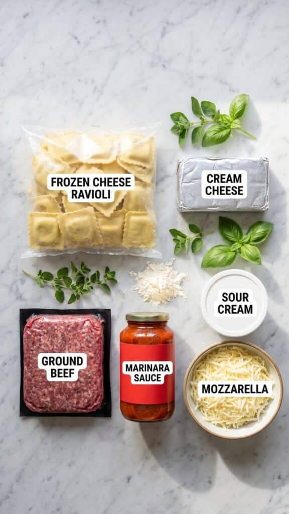 A flat lay showing a bag of frozen ravioli, cream cheese, ground beef, marinara sauce, and shredded cheese.