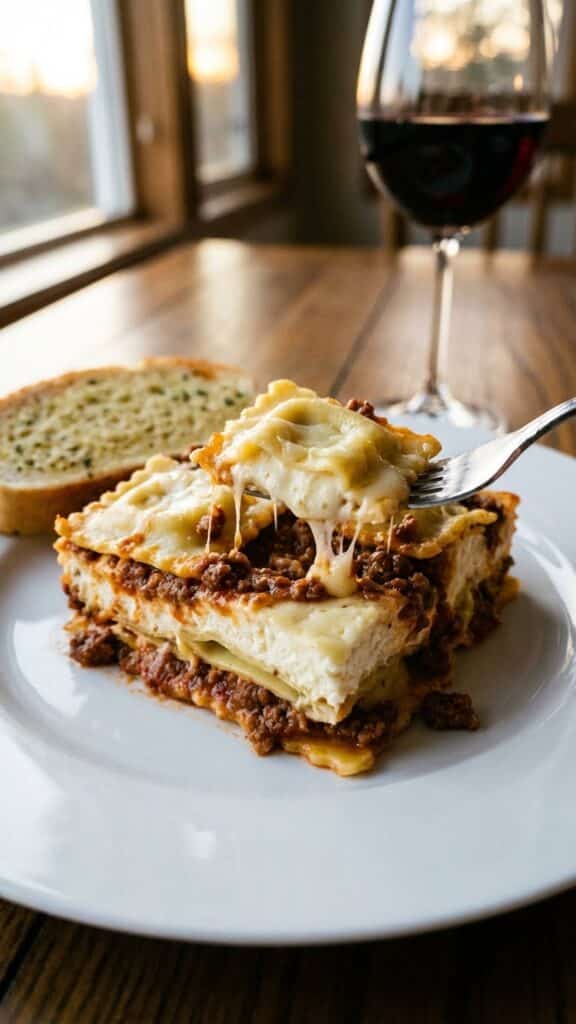 A close-up of a serving of ravioli casserole on a plate, showing the creamy filling and meat sauce layers with a fork.