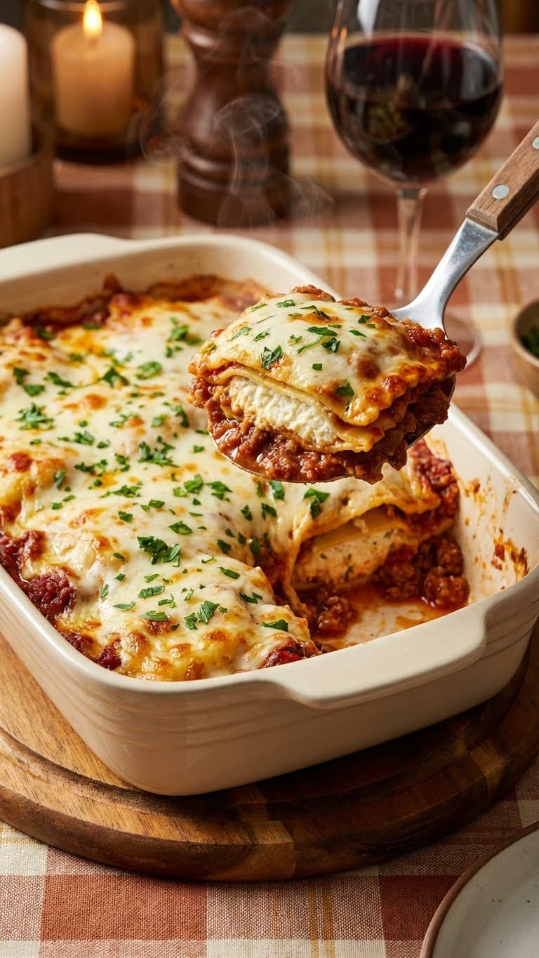 A baking dish of baked ravioli casserole with a spoon lifting a portion to show the creamy cheese layer and meat sauce.