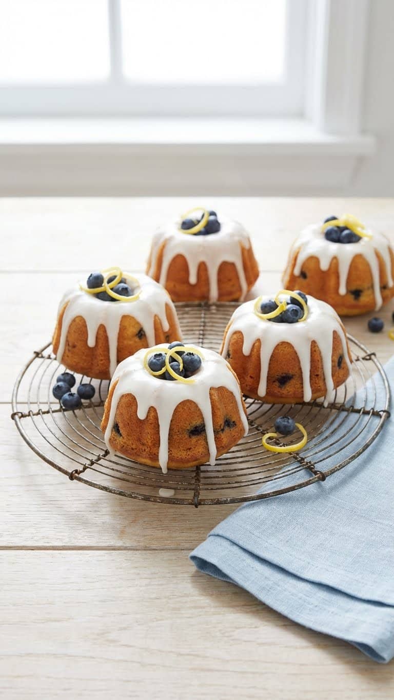A wire rack filled with mini lemon bundt cakes drizzled with white icing and topped with fresh blueberries and zest.