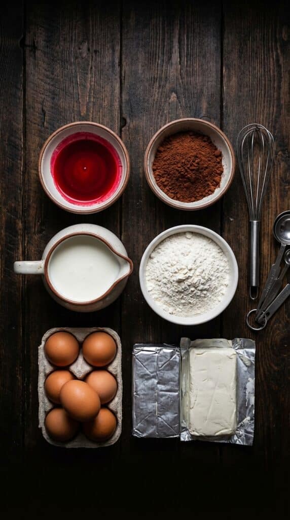 A flat lay showing red food coloring, cocoa powder, buttermilk, flour, and cream cheese on a wooden table.
