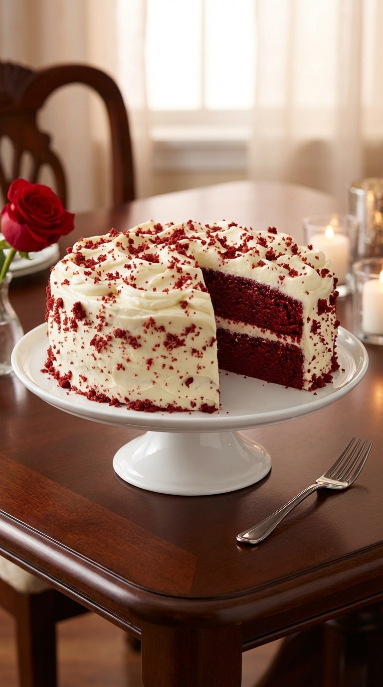 A whole red velvet cake on a stand with white frosting and red crumbs, with one slice removed showing the layers.