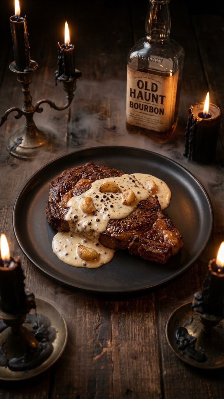 A seared ribeye steak covered in creamy garlic bourbon sauce, served in a moody, dimly lit setting with black candles and mist.