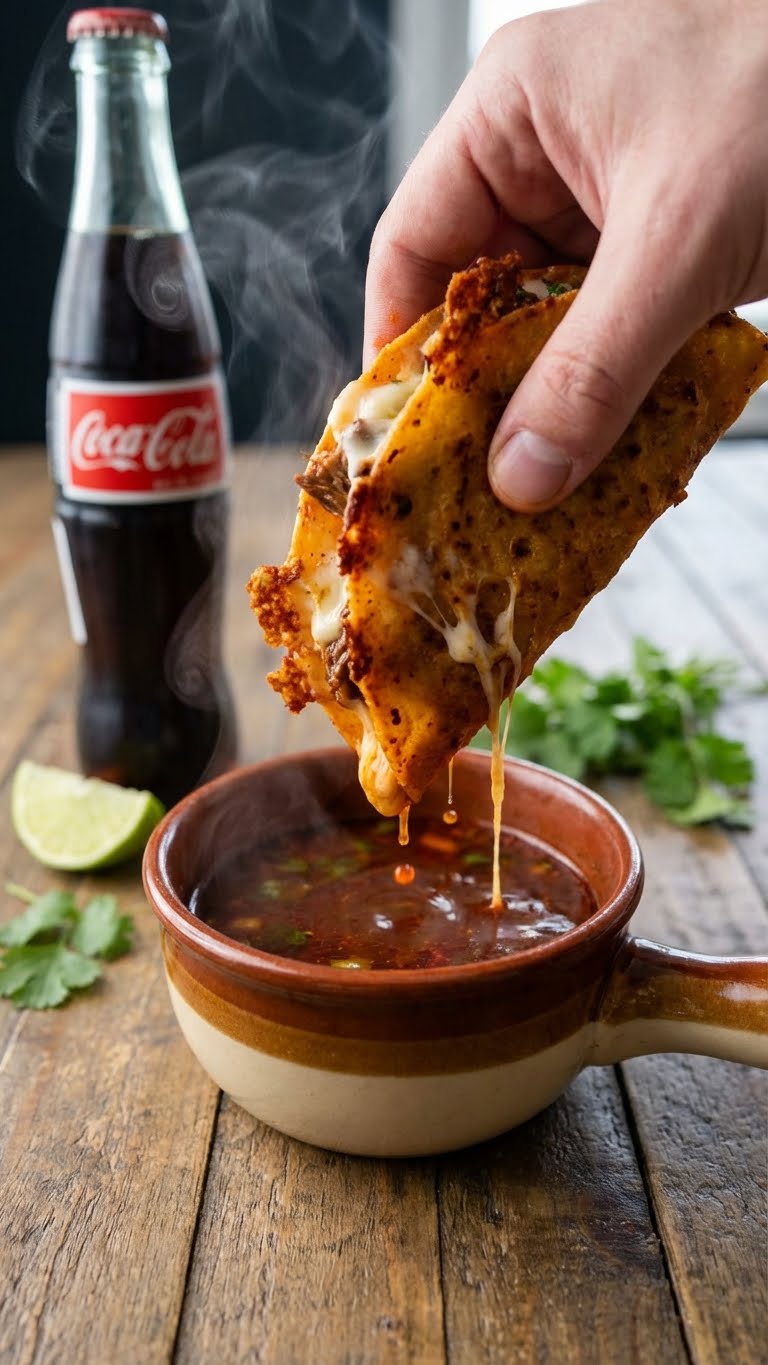A wooden board with three crispy red quesabirria tacos filled with beef and melted cheese, served with a bowl of consommé broth and limes.