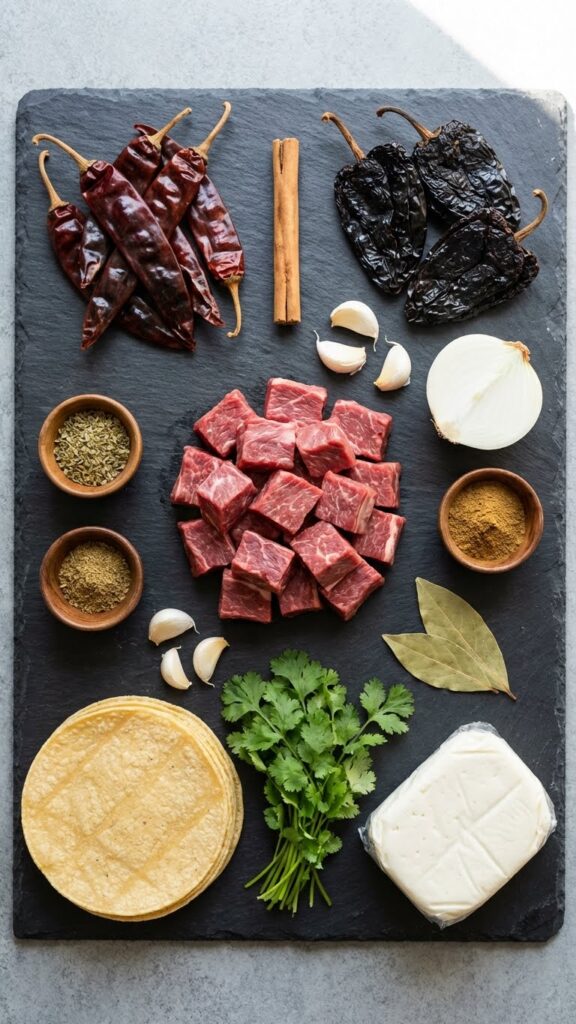 Overhead flat lay of ingredients for Birria: raw beef, dried red chiles, cinnamon, garlic, onions, spices, and tortillas.