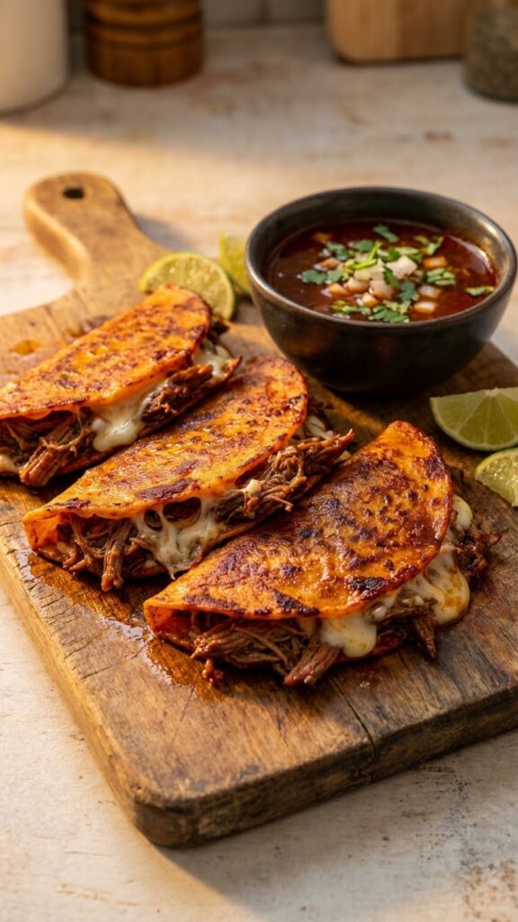 A close-up POV shot of a hand dipping a crispy beef and cheese taco into a bowl of red consommé broth.