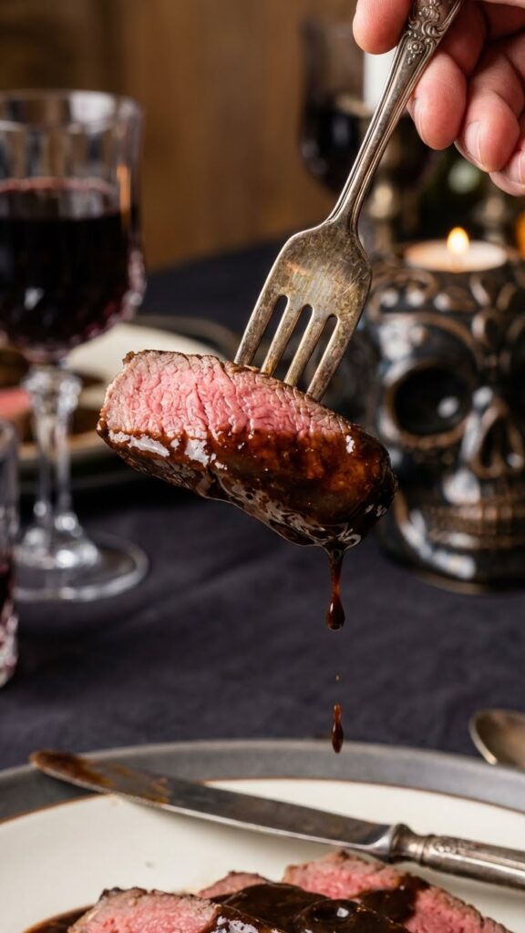 A close-up POV shot of a silver fork holding a slice of medium-rare steak dripping with creamy bourbon sauce.