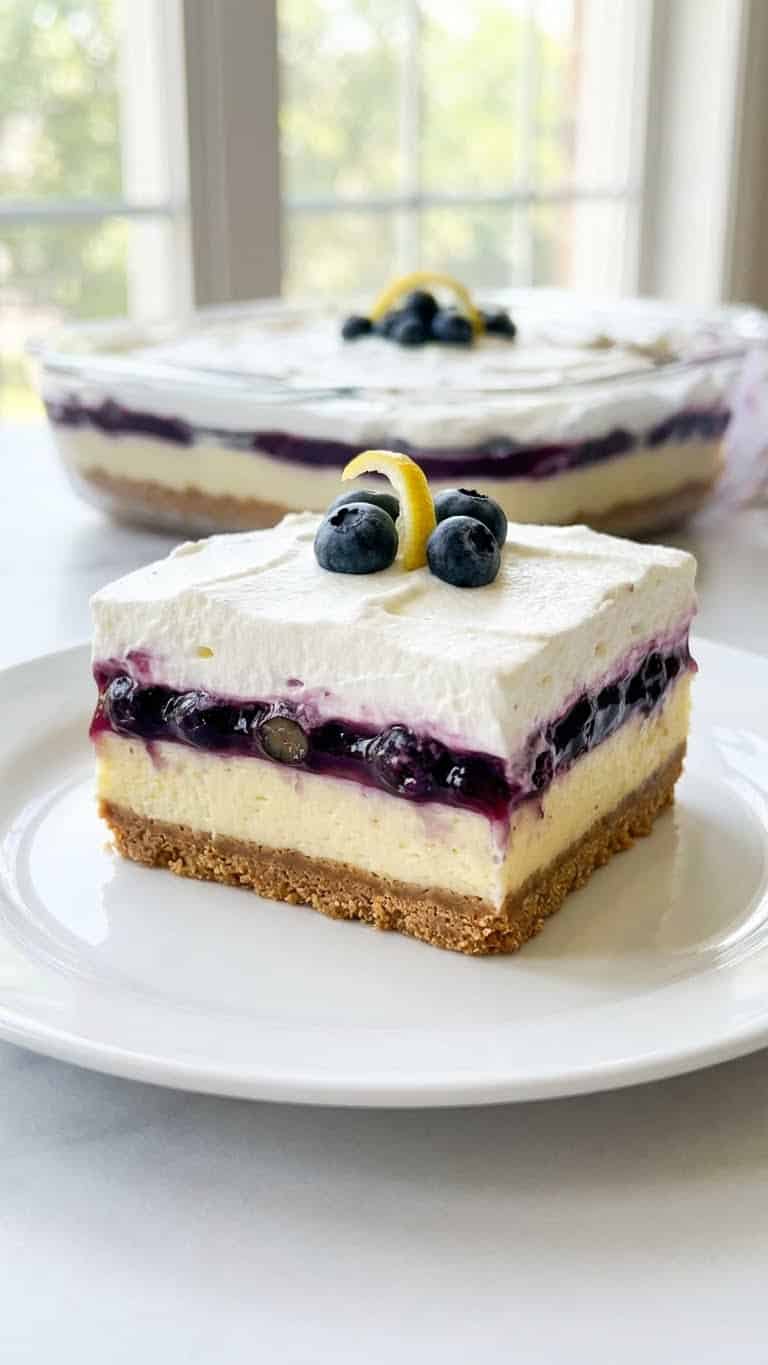A side view of a slice of layered lemon blueberry dessert showing crust, lemon cream, blueberry filling, and whipped topping.