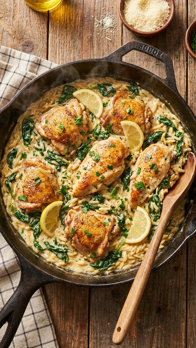 A top-down view inside a skillet filled with creamy chicken orzo, spinach, and lemon slices.