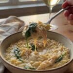 A close-up of a spoon lifting a bite of creamy chicken and orzo from a bowl.