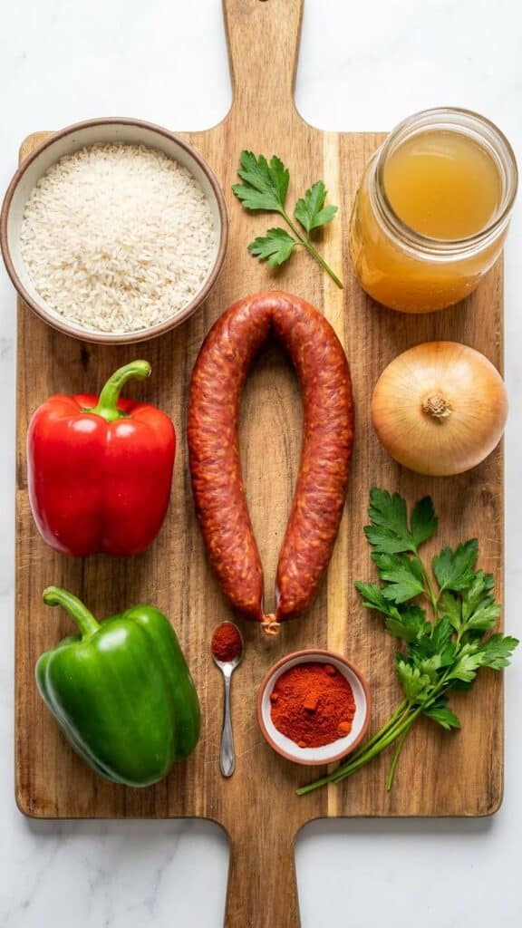 A flat lay showing a rope of smoked sausage, uncooked rice, peppers, onion, and broth on a wooden board.