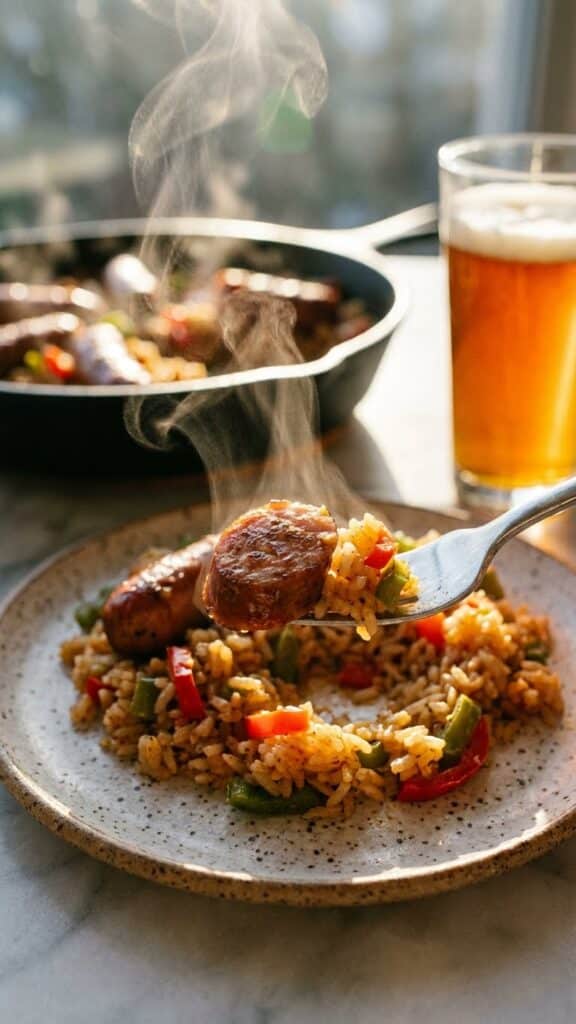 A close-up of a fork lifting a piece of browned sausage and seasoned rice from a plate.