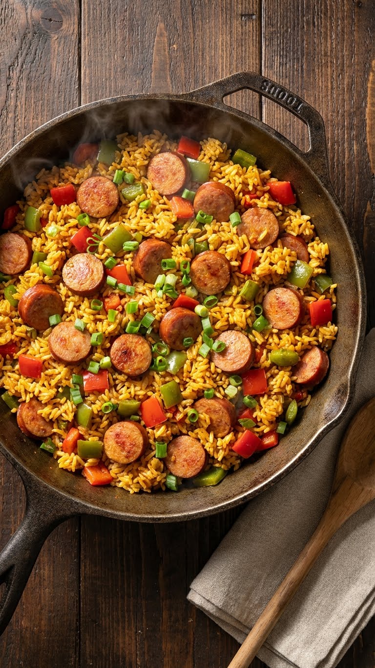 A top-down view of a cast iron skillet filled with smoked sausage, rice, and peppers, garnished with green onions.