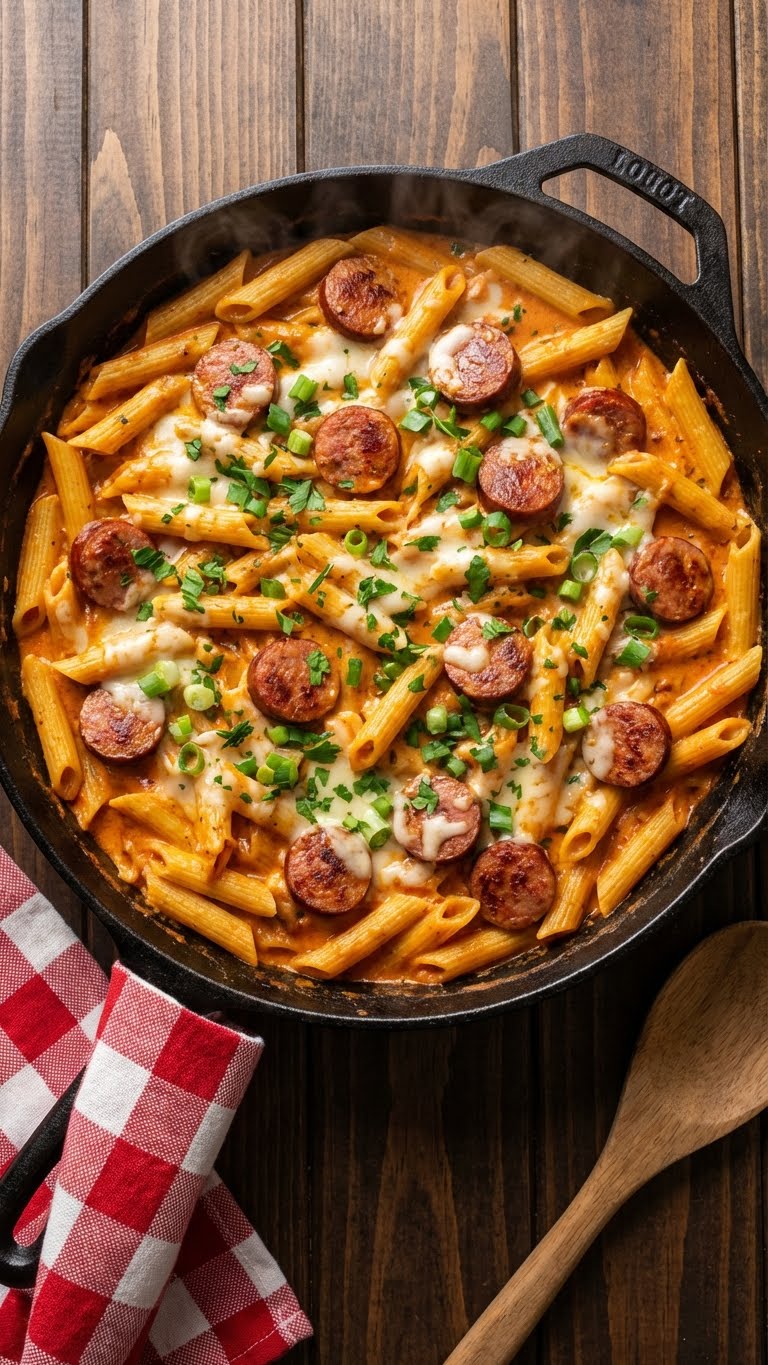 A top-down view of a cast iron skillet filled with creamy pasta, browned smoked sausage slices, and melted cheese, garnished with green onions.