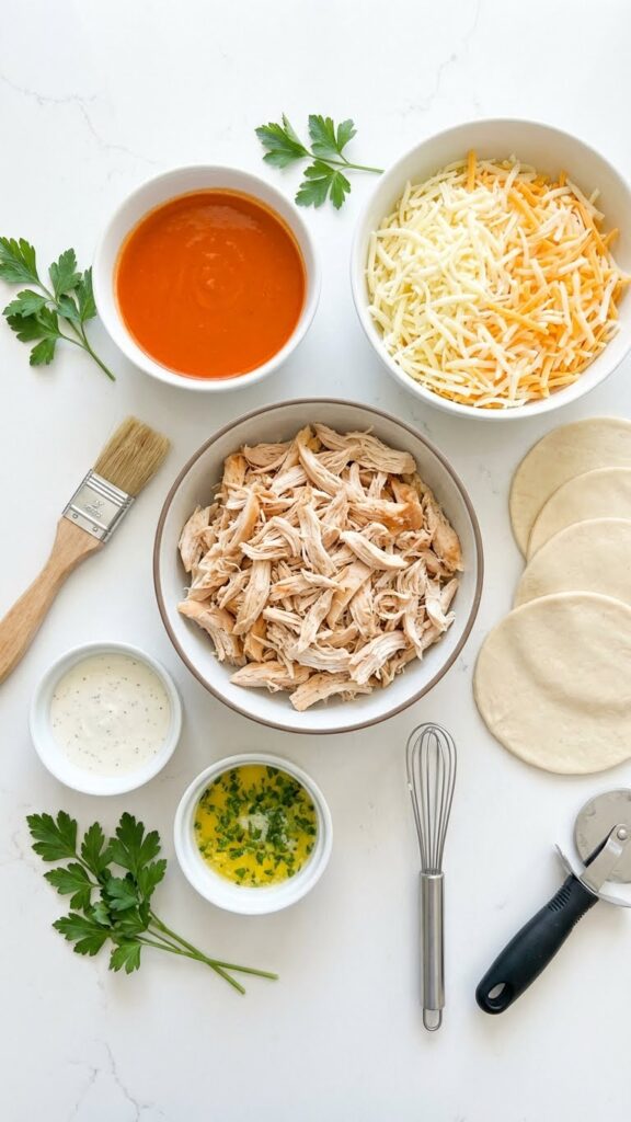 Overhead flat lay view of ingredients: shredded chicken, buffalo sauce, shredded cheese, dough rounds, ranch, and butter.