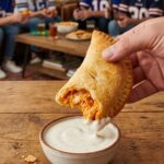 A close-up POV shot of a hand dunking a bitten buffalo chicken pizza pocket into ranch dressing at a party.