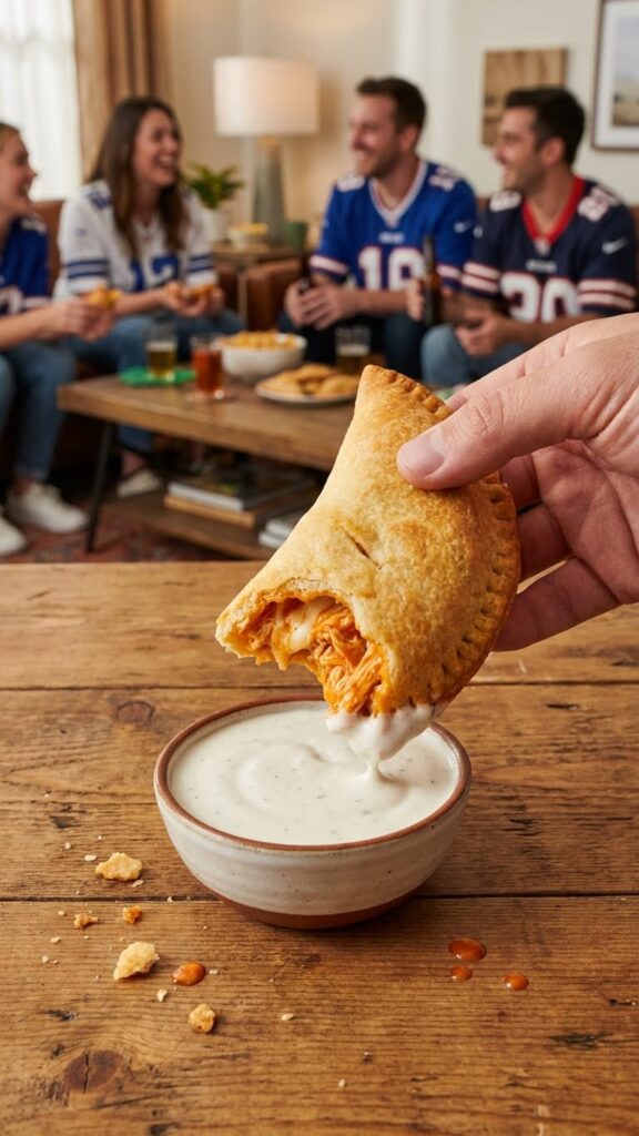 A close-up POV shot of a hand dunking a bitten buffalo chicken pizza pocket into ranch dressing at a party.