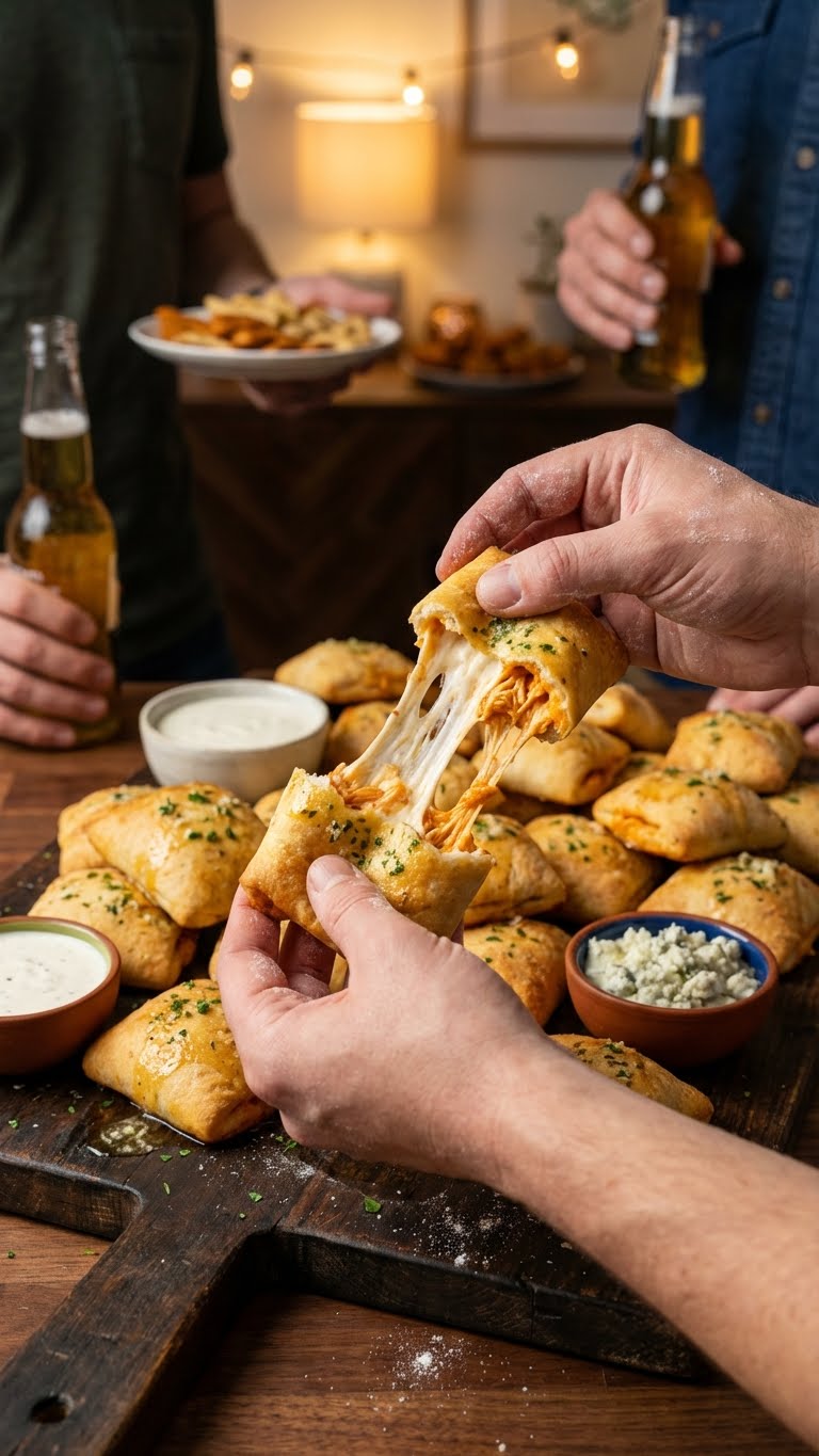 A wooden board filled with golden buffalo chicken pizza pockets, with one torn open showing a long, gooey cheese pull and spicy chicken filling.